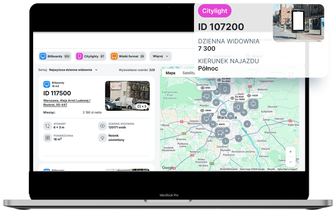 Autorski system ZnajdźReklamę.pl – widok mapy nośników i listy ofert